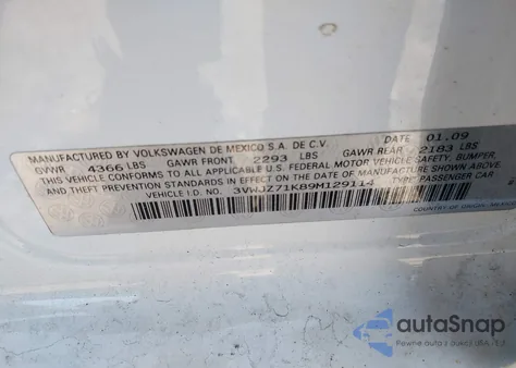 2009 Volkswagen Jetta S из США, поврежденный, VIN 3VWJZ71K89M129114